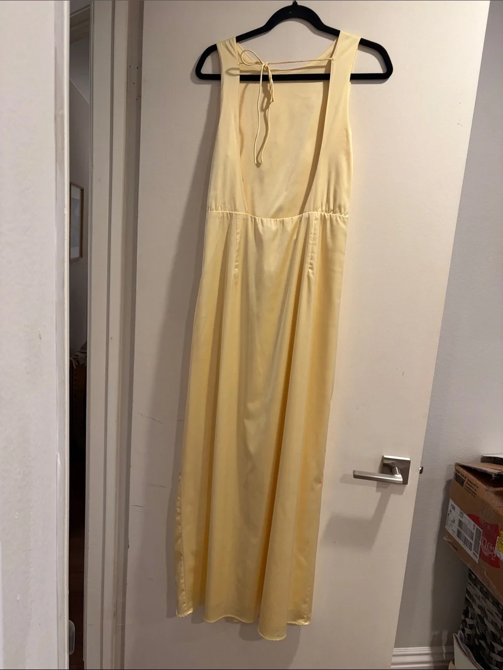 Abercrombie & Fitch Pale Yellow Satin Maxi Dress with Side Slit